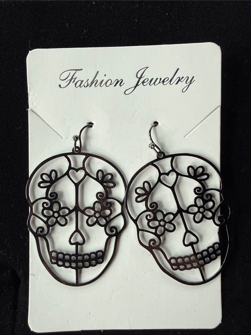 Fashion Jewelry Black Filigree Sugar Skull Dangle Earrings Halloween Goth